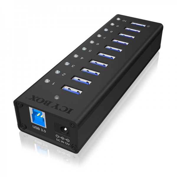 ICY BOX 10x USB 3.0, tápegységgel, alumínium ház, IB-AC6110 HUB - fekete (70419)