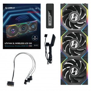 Lian Li UNI FAN SL Wireless LCD ventilátor, ARGB, PWM, 3-as csomag, vezérlővel együtt - fordított lapátos, 120 mm, fekete (12RSLLCD1W3B)