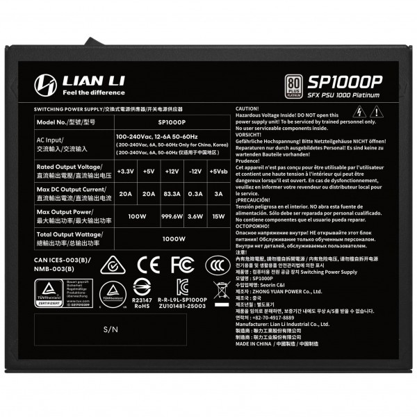 Lian Li SP Series Platinum 80 PLUS Platinum tápegység, SFX, teljesen moduláris, PCIe 5.1, ATX 3.1 - 1000 watt, fekete (G9P.SP1000P.B000.EU)
