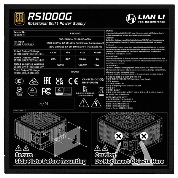 Lian Li RS sorozatú 80 PLUS Gold tápegység, ATX 3.1, moduláris - 1000 watt, RS elosztóval, fekete (G9P.RS1000G.BH00.EU)