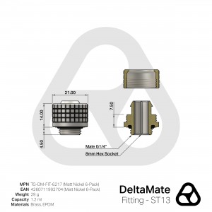 Thermal Grizzly DeltaMate Fitting ST13 Matt Nickel 10/13 mm lágycsöves vízhűtési csatlakozó, 6 darab (TG-DM-FIT-6217)