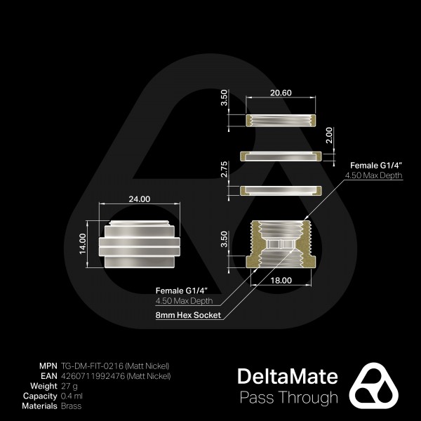 Thermal Grizzly DeltaMate átvezető fitting, G1/4, matt nikkel (TG-DM-FIT-0216)