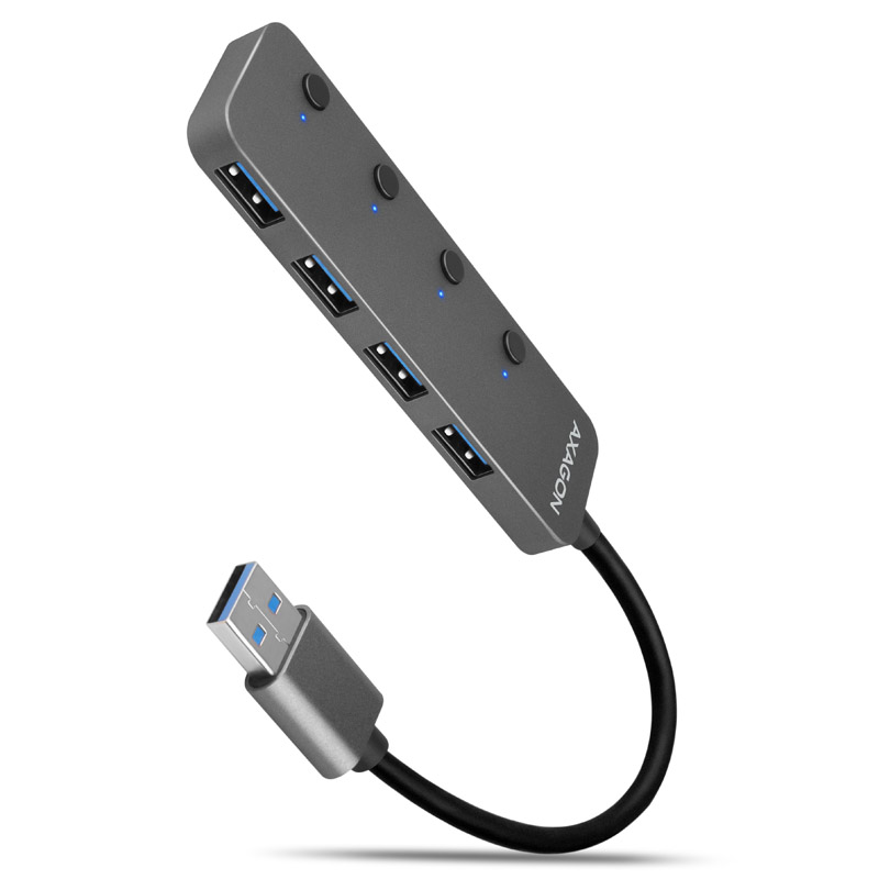 AXAGON HUE-MSA Superspeed USB-A Switch Hub, 4x USB 3.0, aktív - 20cm, fekete (HUE-MSA)