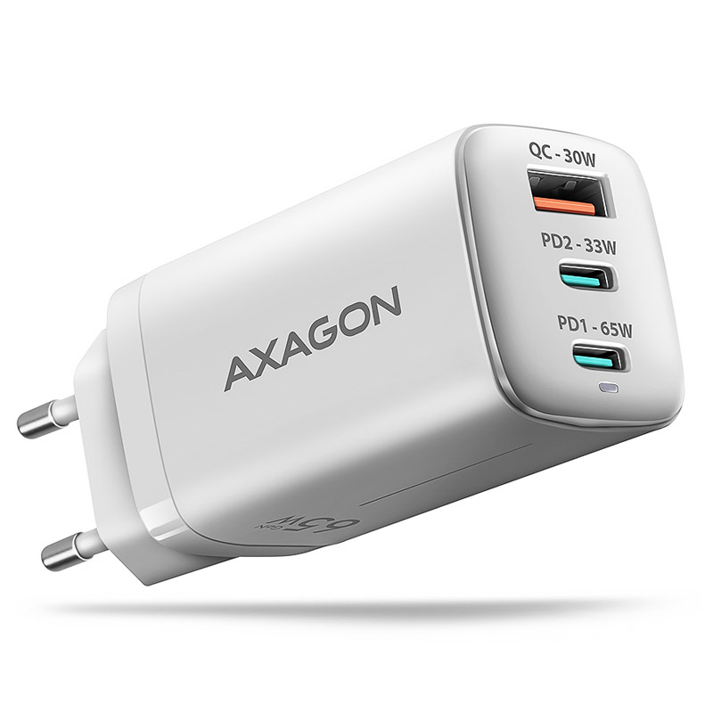  AXAGON ACU-DPQ65W 1x USB-A / 2x USB-C, PD 3.0 / QC4+ / PPS, 65W, fehér (ACU-DPQ65W)