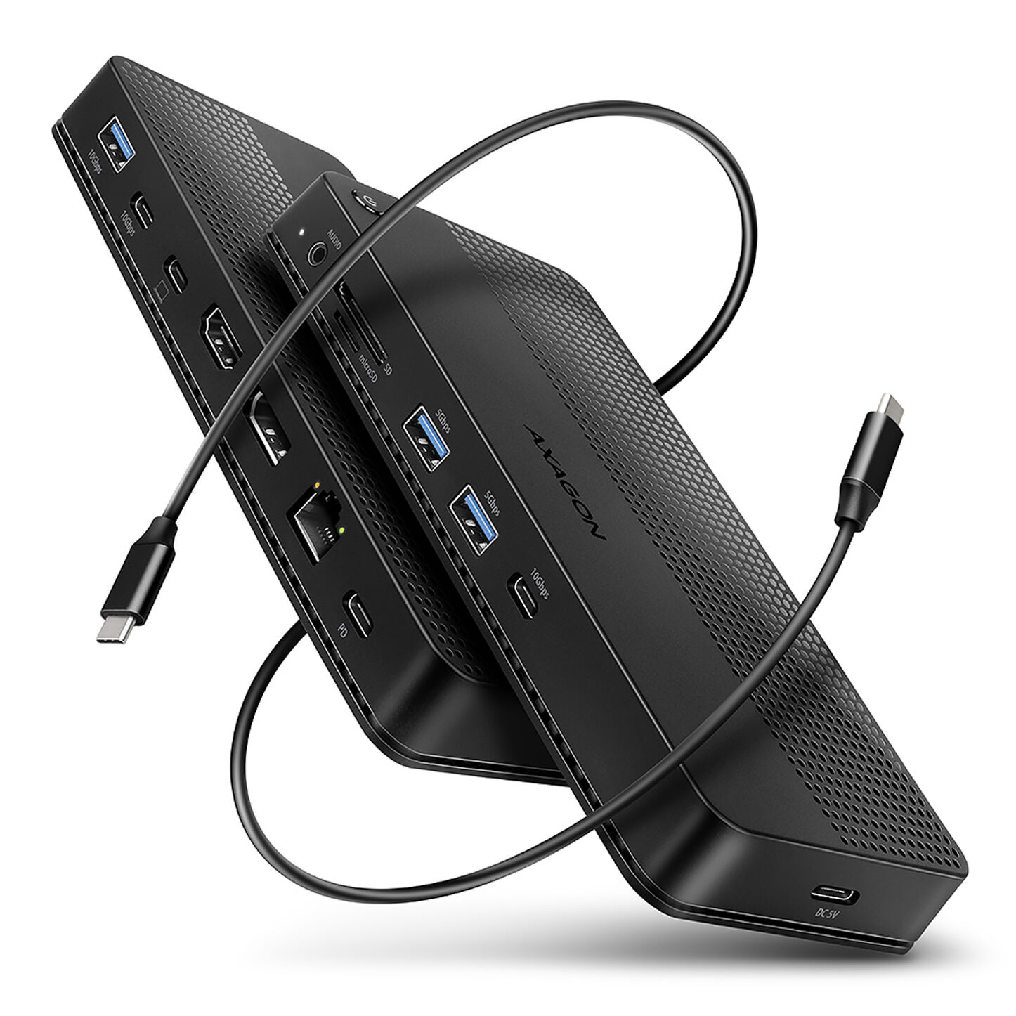 AXAGON HMC-U4 USB-C dokkoló, HDMI + DP, USB 3.2 Gen 2, PD 100W - fekete (HMC-U4)