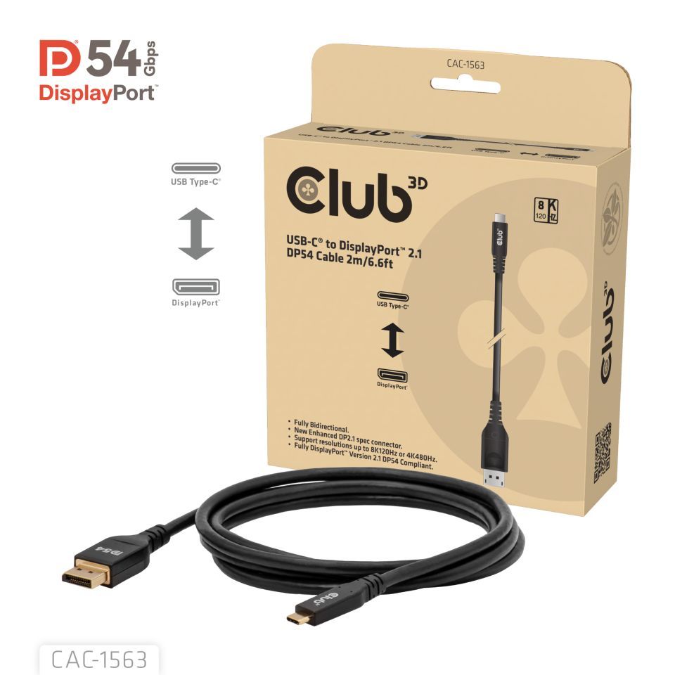 Club 3D CAC-1563 USB-C – DisplayPort 2.1 DP54 kétirányú videoadapter kábel 8K120Hz 2 m fekete (CAC-1563)