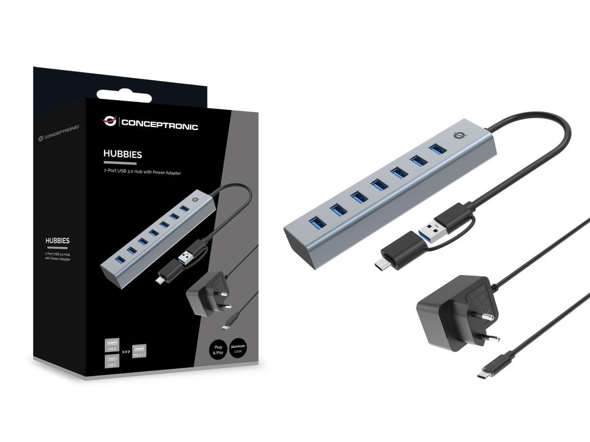 Conceptronic  HUBBIES21GP 7-portos USB 3.0 hub hálózati adapterrel, szürke (HUBBIES21GP)
