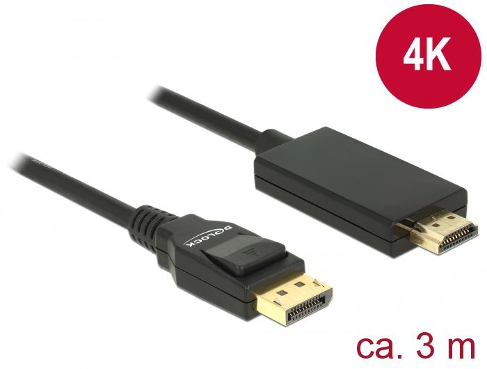 DeLock DisplayPort 1.2 male > High Speed HDMI-A male passive 4K 3m cable Black (85318)