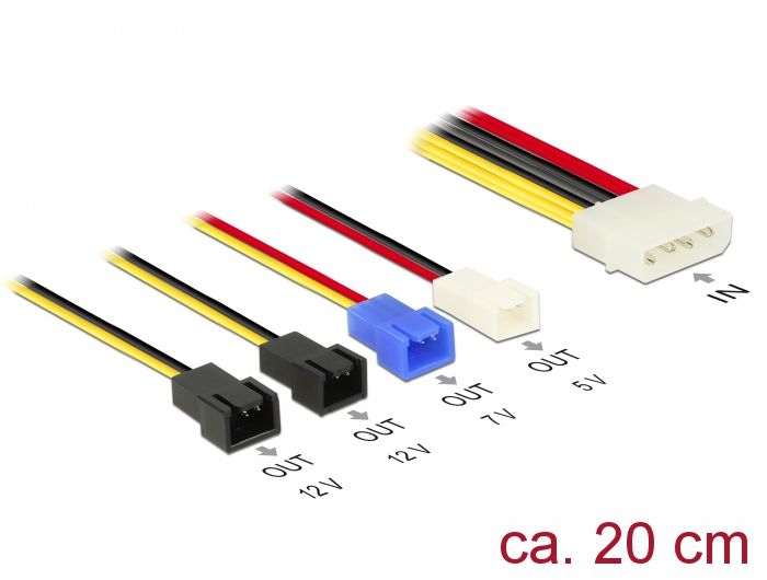 DeLock Power supply Molex 4 pin male > 4 x 2 pin fan (12 V / 7 V / 5 V) 20cm cable (85516)